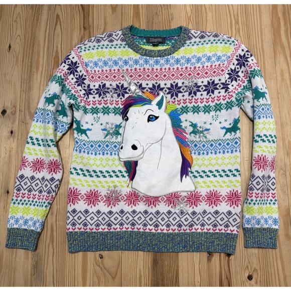 Blizzard Bay Rainbow Colorful 3D Unicorn Sz M Ugly Christmas Sweater Funny Weird - Picture 1 of 6